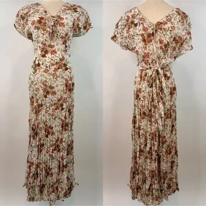 Vintage 90 Floral Ivory Maxi Dress Short Sleeve Tie Back Romantic Fairy Whimsy M